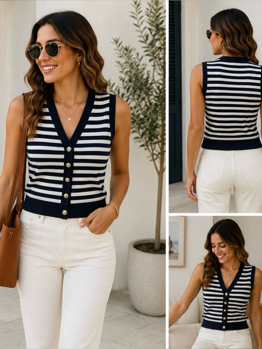 Navy & White Striped Sweater Vest | Gold Crest Buttons | Size Small